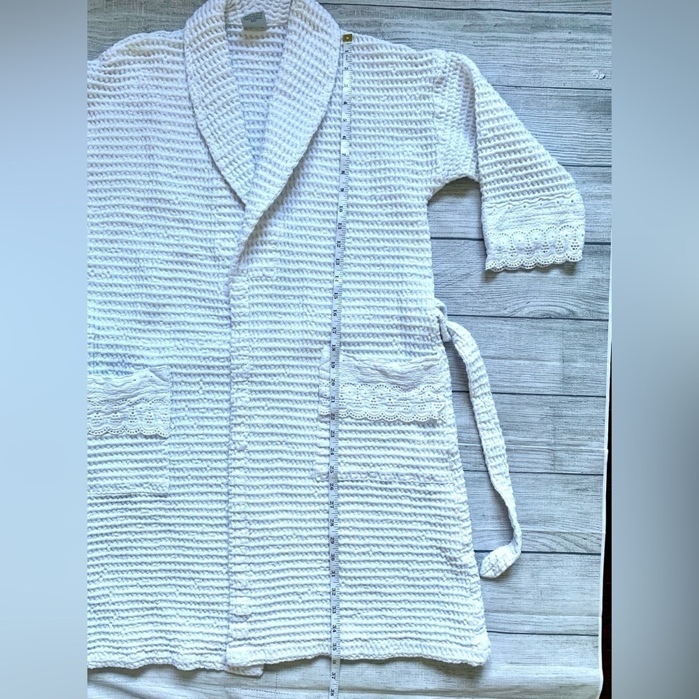 Women’s 100% Cotton White Waffle Knit Robe with Eyelet Accent Trim - Picture 10 of 15